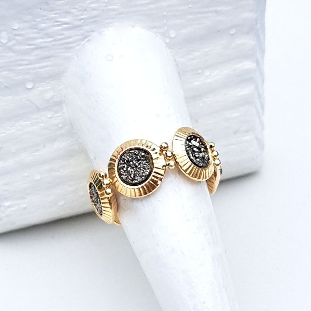 14K Yellow Gold Milor Italy Gray Druzy Medallion Link Ring - Picture 6 of 14